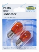 RW581 Лампа дополнительного освещения PY21W Янтарная 12V 21W Блистер 2 шт (1 из штифтов смещён по радиусу)